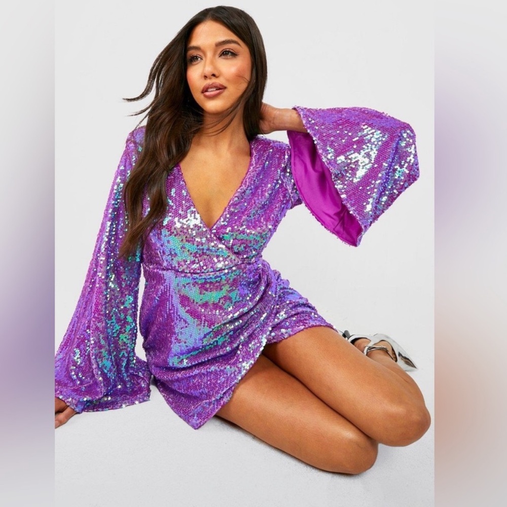 NWT BOOHOO TWO TONE SEQUIN WRAP MINI PARTY DRESS Size 10/Large